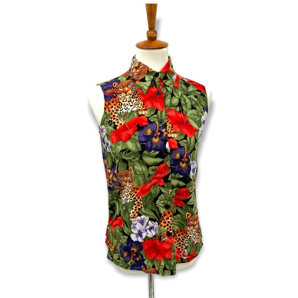 Vintage Jungle Leopard Graphic Button Up Shirt Collar Button Down Size S